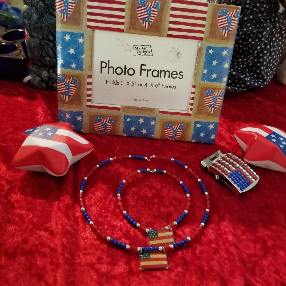 American Patriotic Picture Frame, Belt Buckle & Necklace set